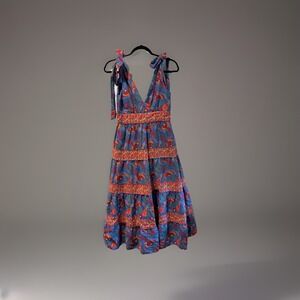 HOUSE OF‎ HARLOW 1960 Tahiti Parrot Maxi Dress Womens Sm Blue Tiered V-Neck Boho